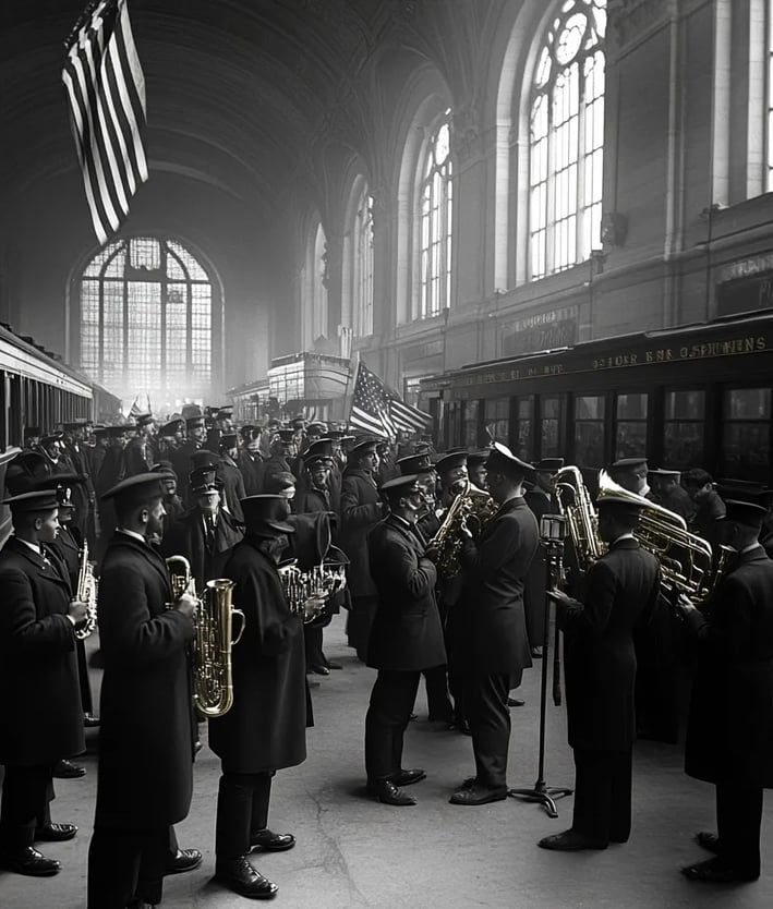 a crowd gathers beneath Penn Station’s soaring Beaux-Arts arches
