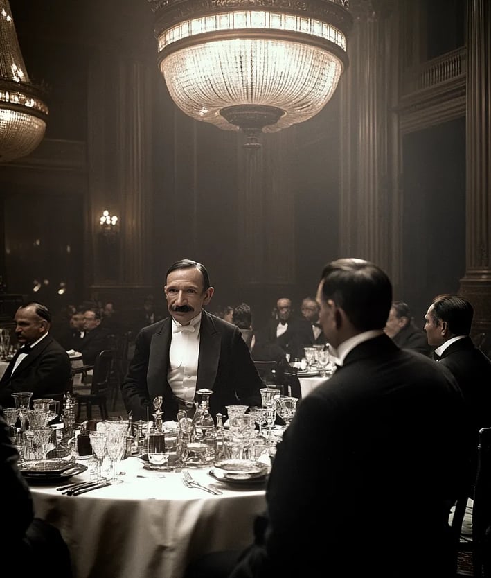 a grand banquet in 1916, where Rockefeller is being toasted by businessmen in tuxedos and evening dr