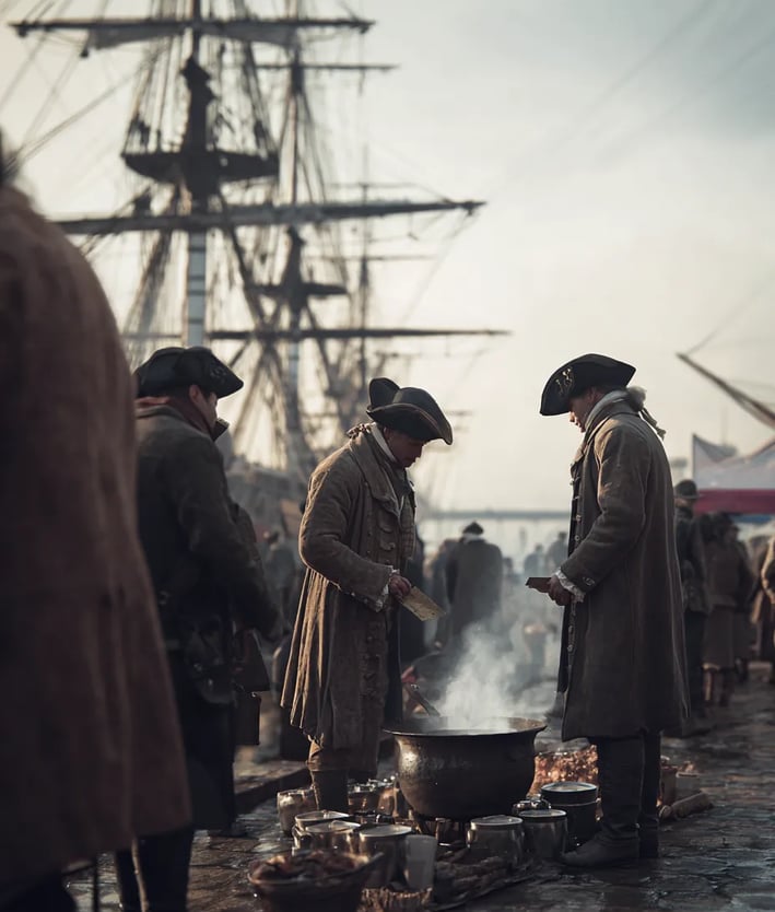 Dawn breaks over New York Harbor in 1775 as a courier holds a letter above a small brazier’s heat
