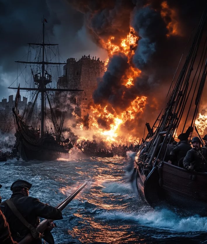 Naval battle at San Juan with English ships under fire, highlighting Spanish defense in 1595