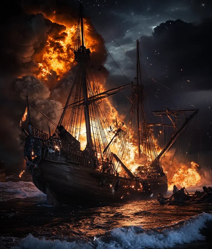 Night sky split by massive fiery explosion aboard the wooden ship