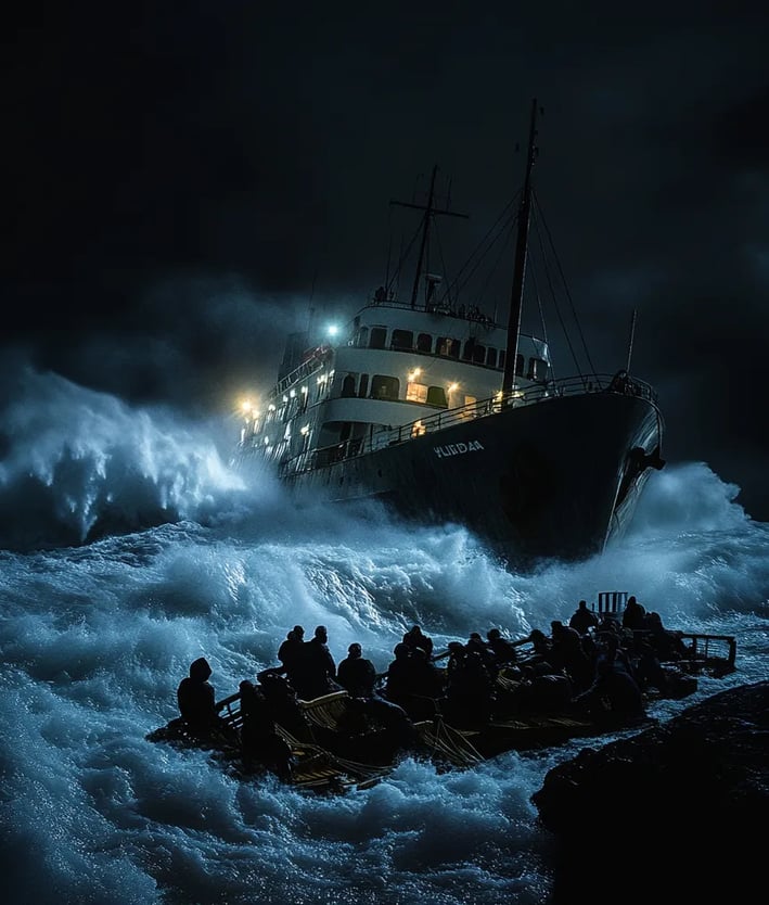 Nighttime scene as the Hilda lists heavily after striking submerged rocks