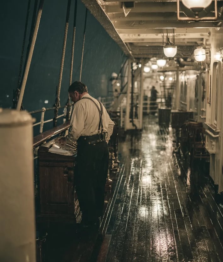 telegraph operator in a starched white shirt and suspenders taps the familiar three-dots-three