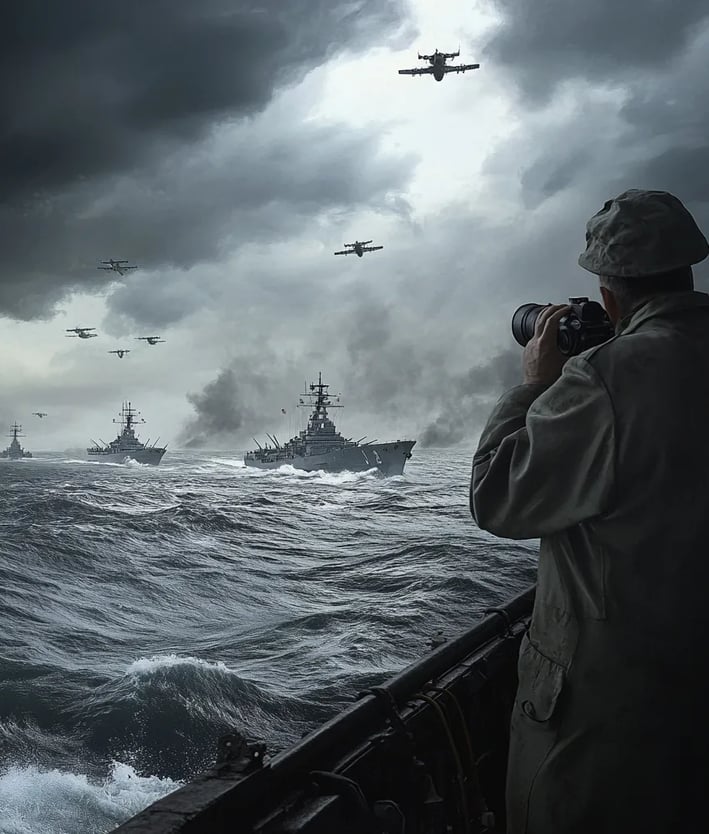 formation of Japanese carriers and destroyers glides through glassy gray waters