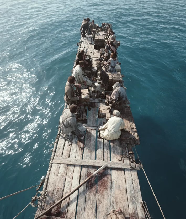 raft built from timber planks and dusty barrels drifts on an endless turquoise sea
