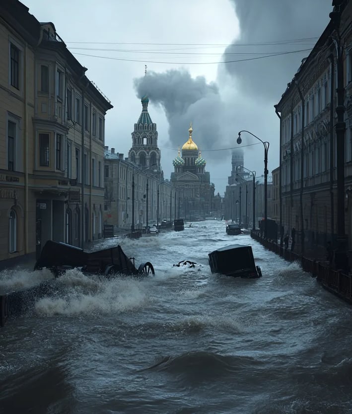 Late afternoon, November 1824, dark storm clouds swirling ominously above St. Petersburg