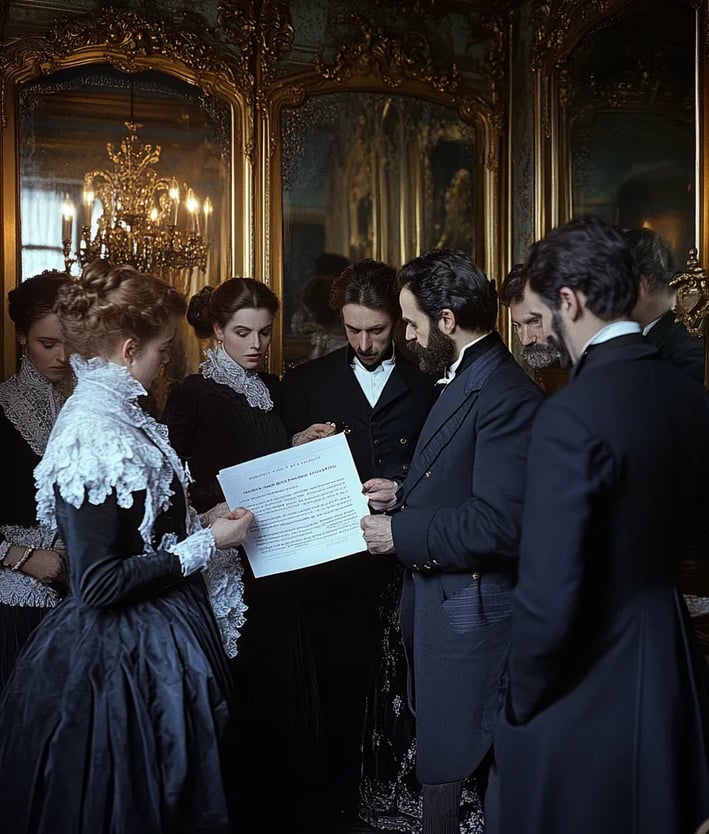 Paris salon lit by gas lamps, 1896 France, Nobel’s confidants in morning coats and lace-edged dresse