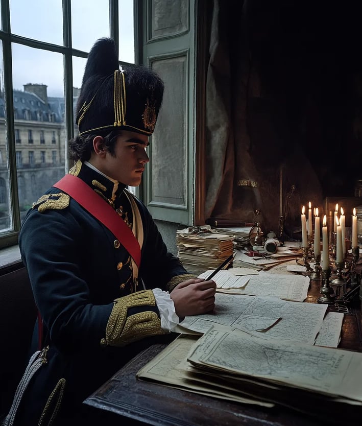 Napoleon, seated at a wooden desk cluttered with maps, quills, and military texts