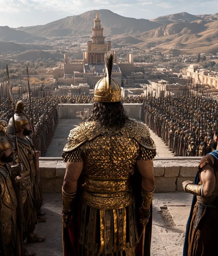 Darius, standing tall and regal in his golden Persian armor, addresses the Persian nobility from a s