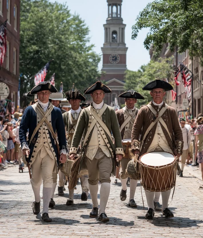 First Fourth of July Party, Drummers in buff coats march ahead
