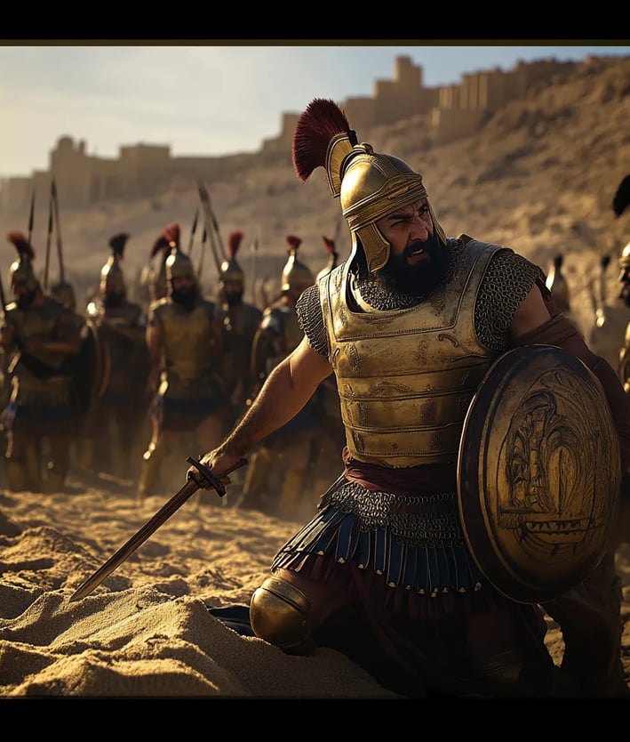 Pompey the Great, dressed in his battle-worn Roman armor, is ambushed and fatally stabbed by Ptolemy