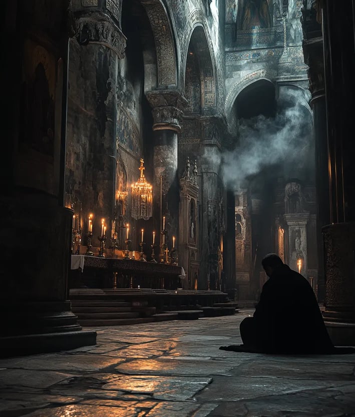 lit Church of the Holy Sepulchre, Willibald kneels alone before a flickering altar