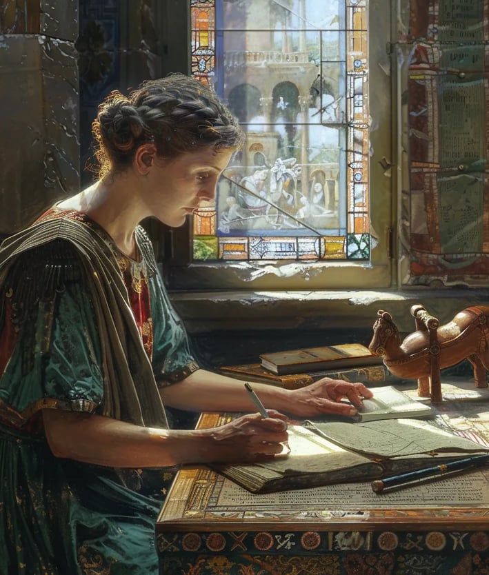 Galla Placidia seated at a wooden desk, writing an edict with a quill