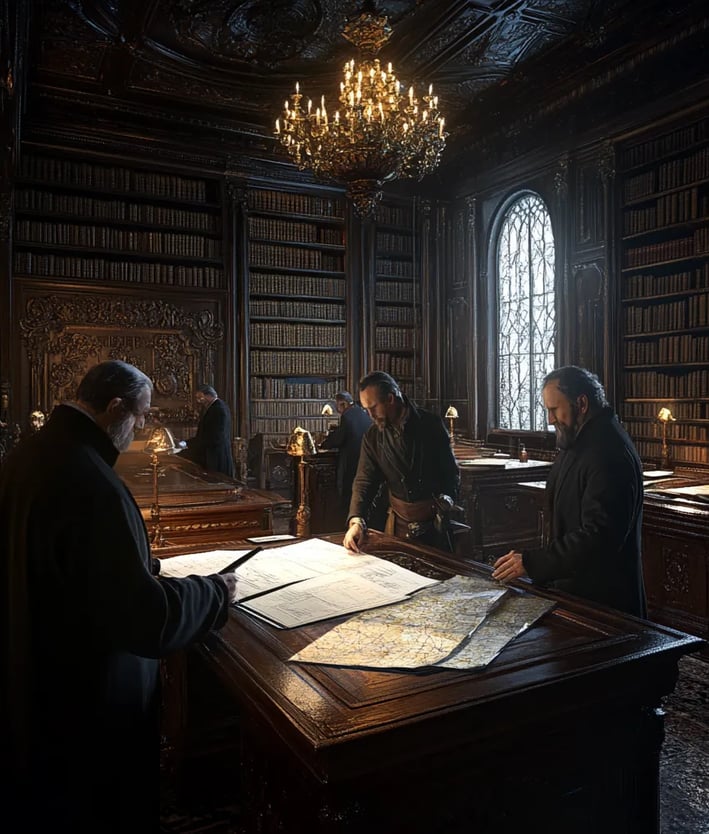 Quiet interior of the palace library, aged diplomats drafting Tsar Alexander’s proposal