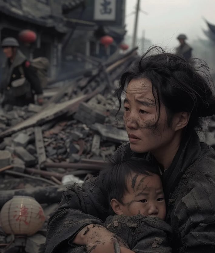 Ruined District, Shanghai, 1937 – Close-up of a young Chinese mother clutching her child