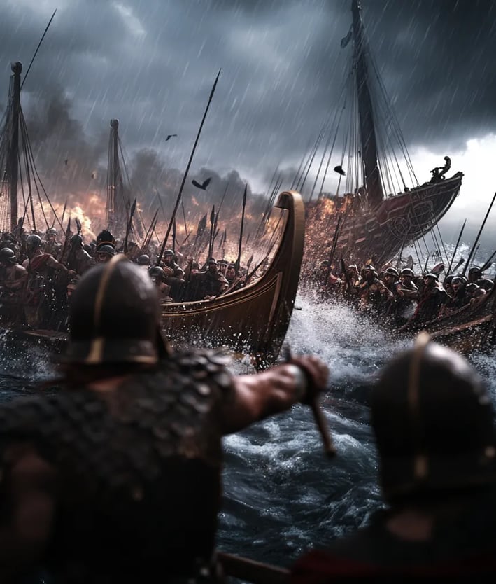 Greek triremes crash into Persian ships, their bronze-tipped rams tearing through the wooden hulls.