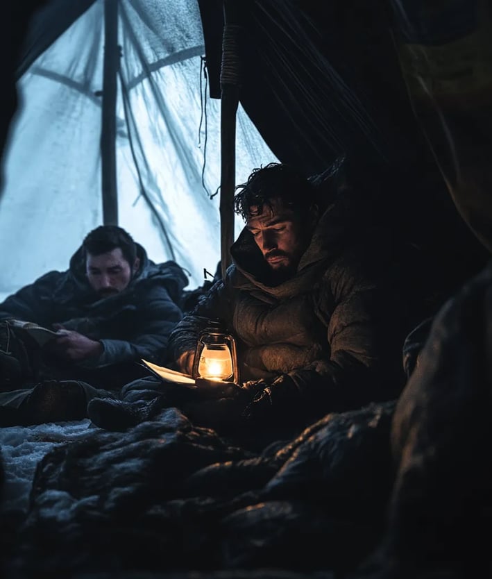 Scott and team huddled in tattered sleeping bags inside a dim, wind-battered tent