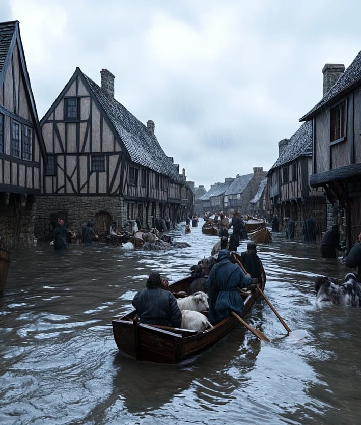 seawater engulfing narrow village streets, timber-framed houses half-submerged
