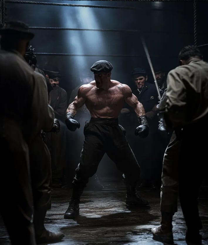 second round of the bout underway, Sullivan mid-swing in bare-knuckle stance, police officers pushin