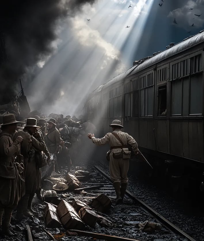 smoke rising from derailed train cars, Boers in wide-brimmed hats surrounding stunned survivors