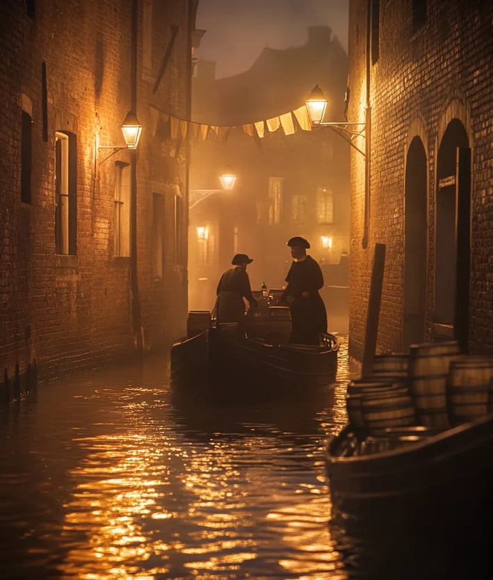 Smuggling by Night: Along a foggy canal, smugglers in tattered 17th-century garb transfer barrels