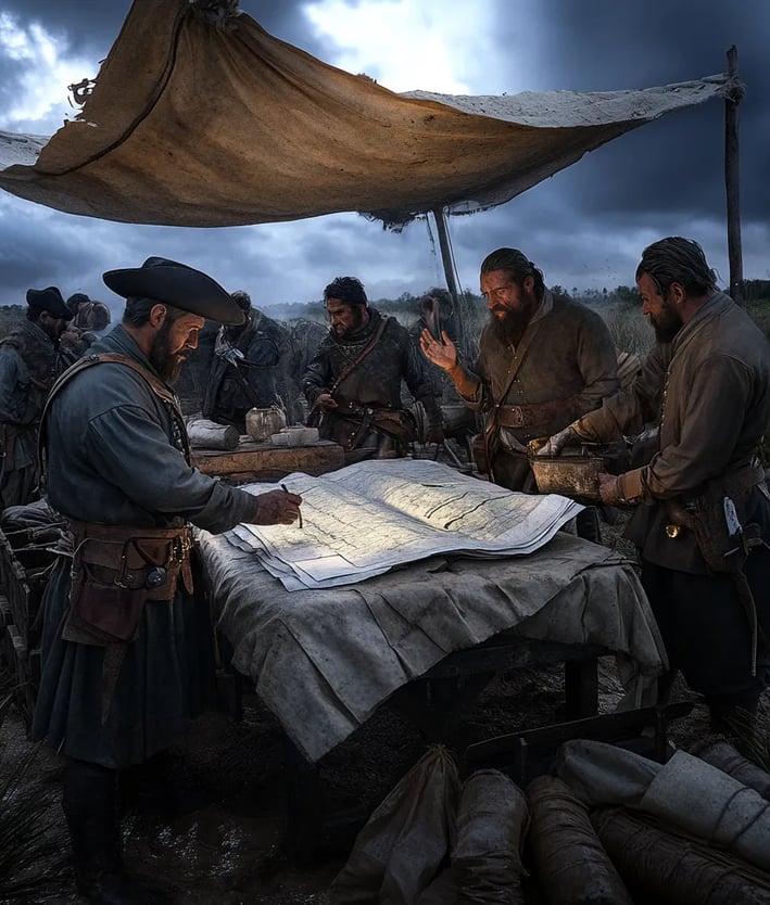 Spanish officials gathered under canvas awning near the edge of the settlement