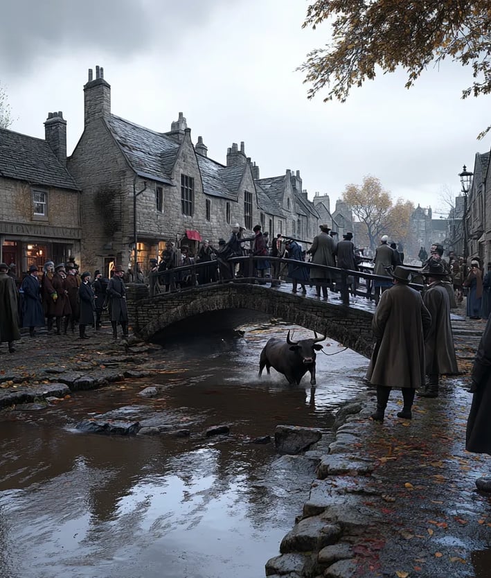 stone bridge outside Stamford, 1839, townspeople gathered in heavy cloaks and top hats