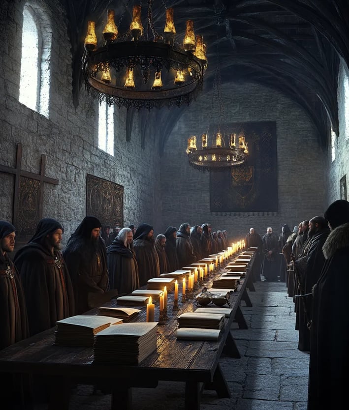 stone interior of a 13th-century hall with flickering torchlight illuminating somber faces