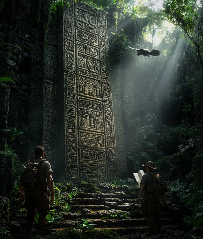 sunlight breaking through jungle canopy, revealing a towering stela carved with intricate glyphs