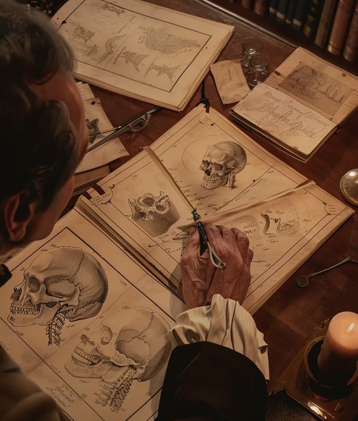 Dr. Carpue examining anatomical sketches spread across a mahogany desk