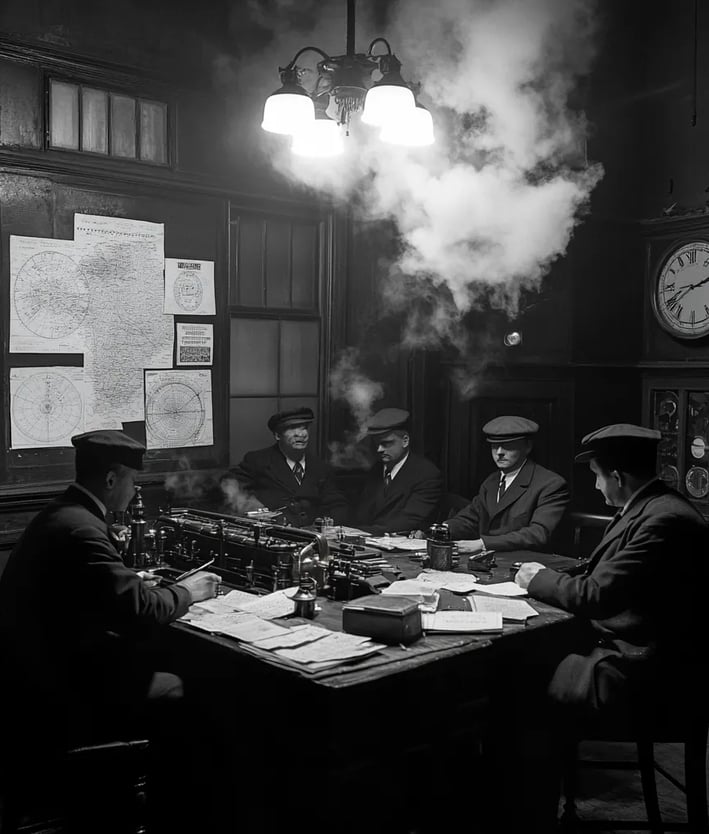 Telegraph room at noon, railroad executives and engineers gathered