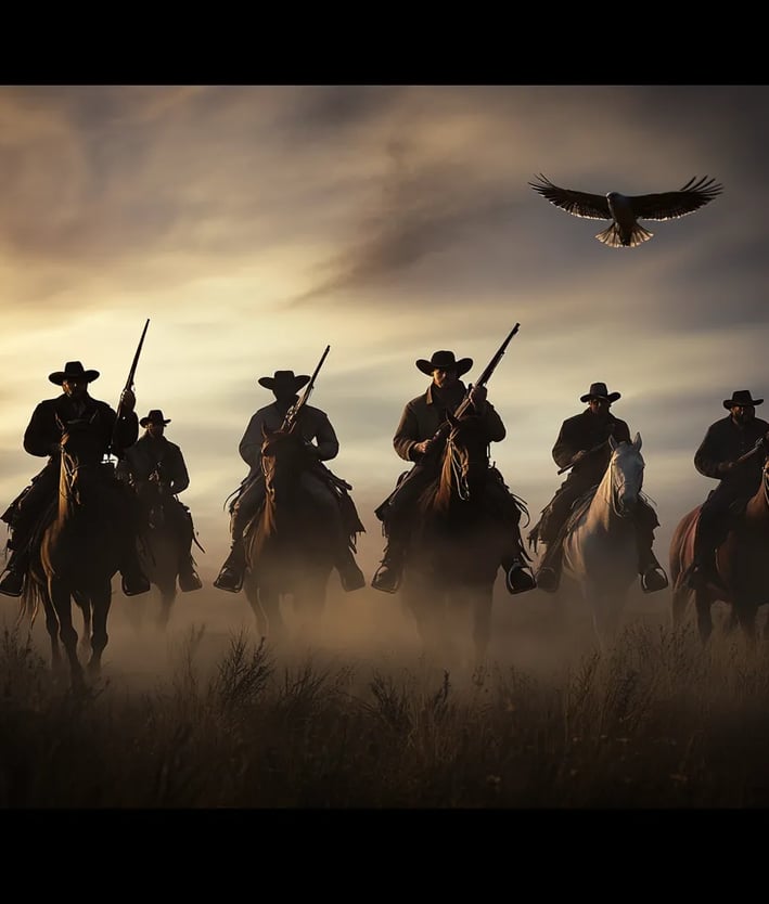 1835 Texas Rangers ride across plains, dust trails, frontier gear.