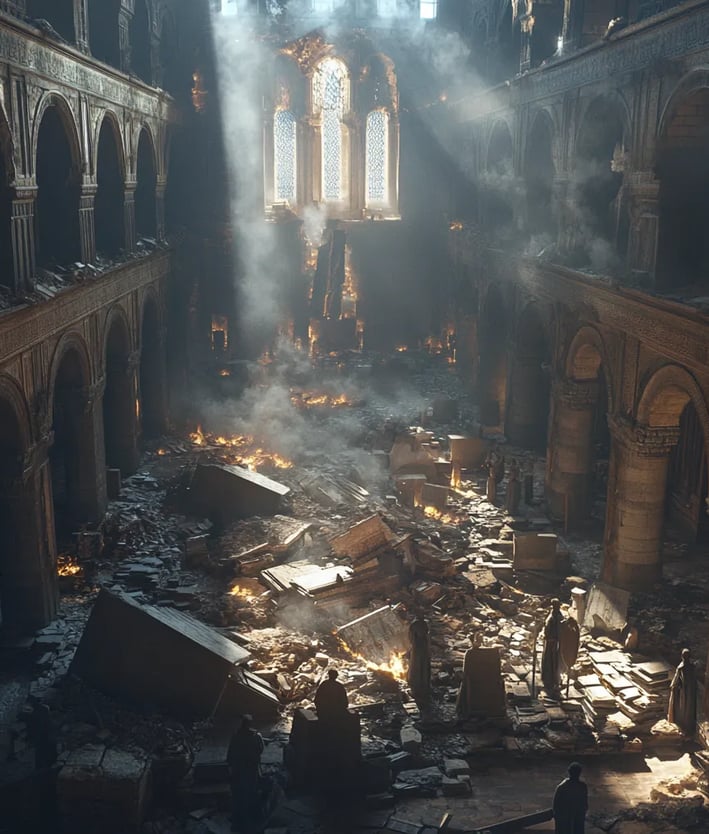 a man standing in a church with a fire in the background