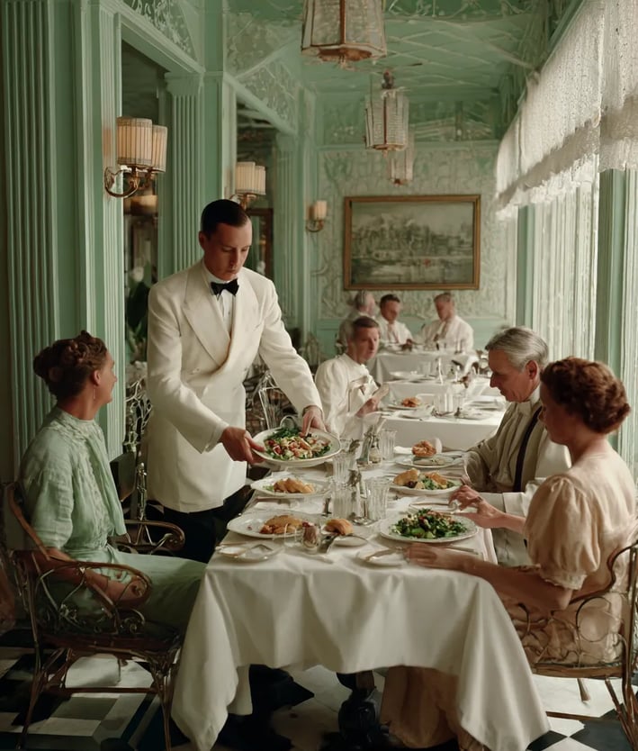 crowded dining room with wrought-iron chairs and tiled floors
