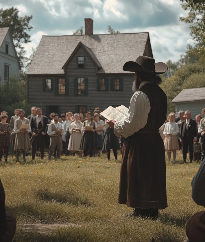 Town Meeting Announcement: In a grassy New England commons surrounded by timber-framed houses