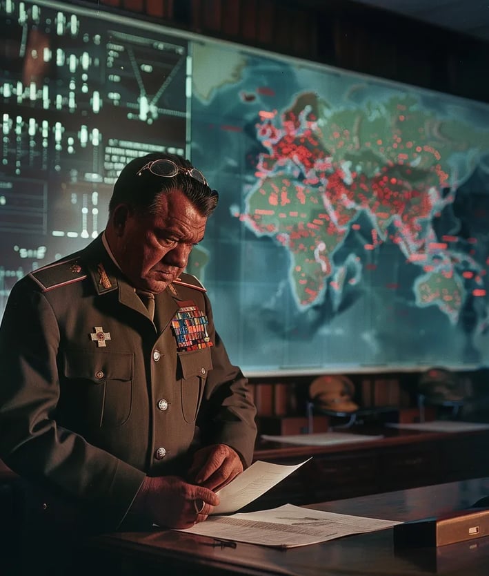 U.S. Military Intelligence Room, 1954 – Close-up of a high-ranking general gripping a classified
