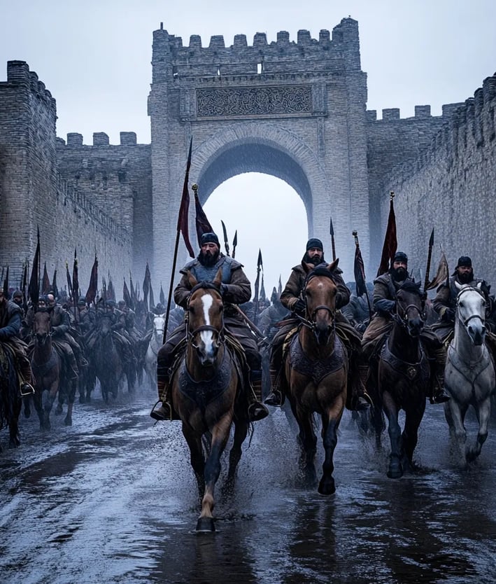 Uyghur cavalry riding through Luoyang’s grand city gates under a gray sky