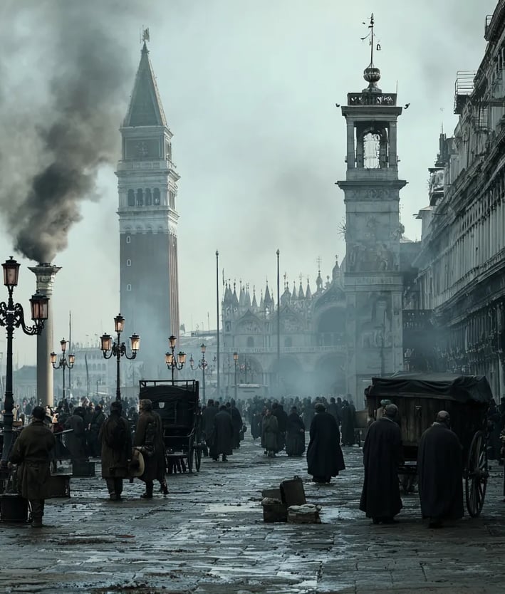 San Marco Square: terrified civilians in coarse woolen cloaks and camice masks flee past crumbling m