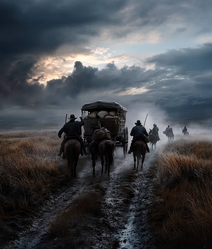 Wagon stopped on rough trail, Choctaw family standing stunned as outlaws brandish weapons