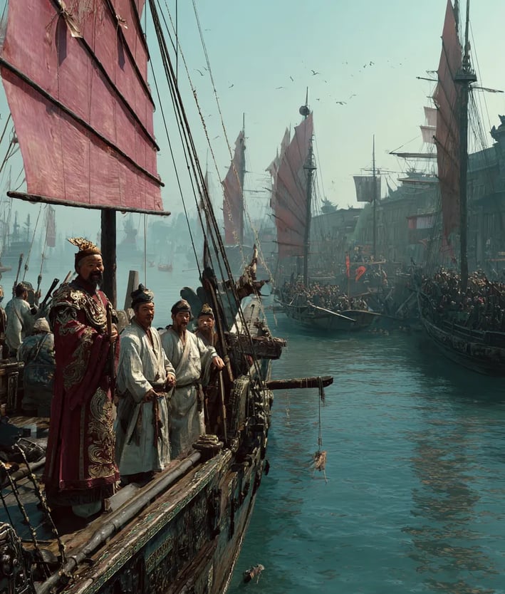 Yangtze River Mouth, China, July 11 1405: Departure Ceremony under a clear summer sky.