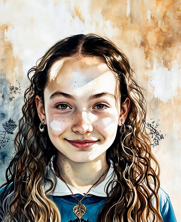 Portrait photo transformed into a painting of a girl with long hair and a blue blouse