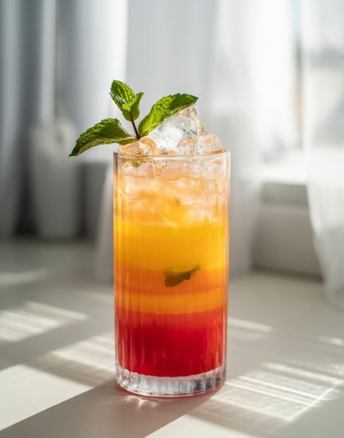 Virgin Sunrise Mocktail with layered orange juice, grenadine, and mint.