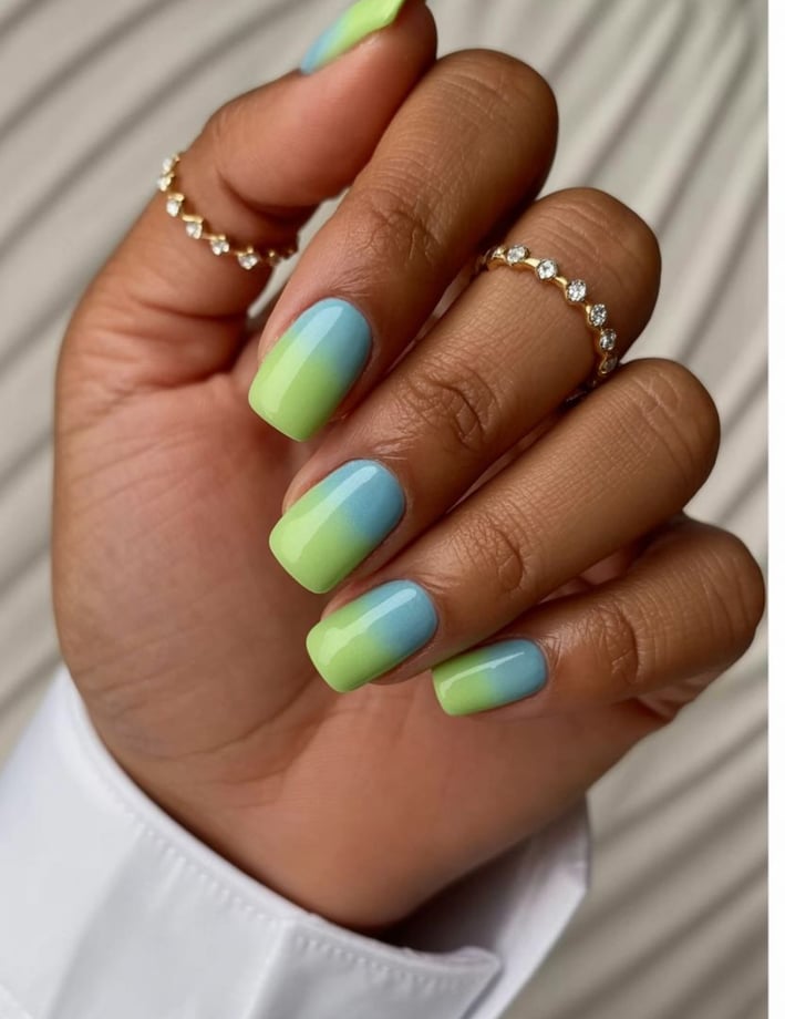 Square nails in lime green and sky blue ombre