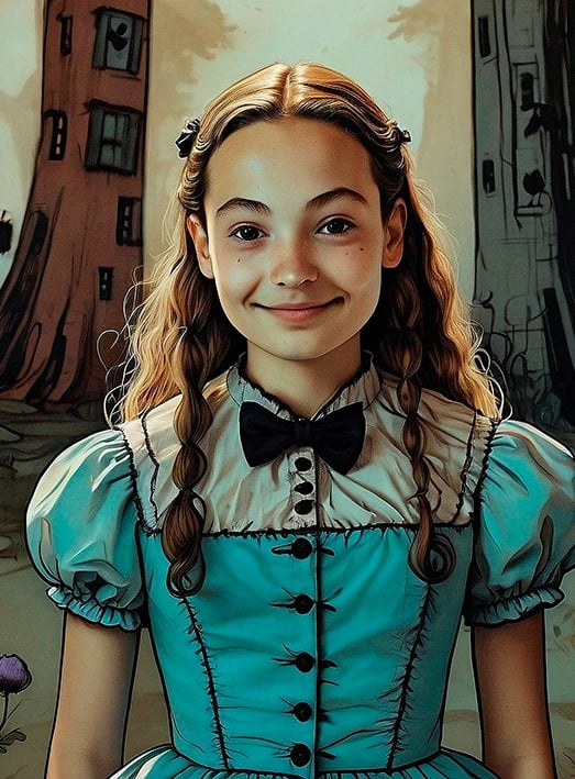 Portrait photo transformed into a comic painting of a girl like a Alice wonderful character