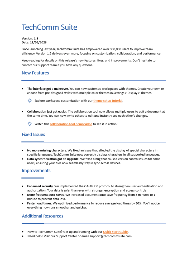 Image of release note writing sample from Glen Cadorette: User-friendly software updates.
