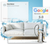 sofá impermeabilizado cercado de água ao lado de equipamento profissional e selo de 5 estrelas do google