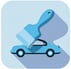 Automobilio iliustracija su teptuku – vidaus ir išorės valymo paslaugų simbolis.