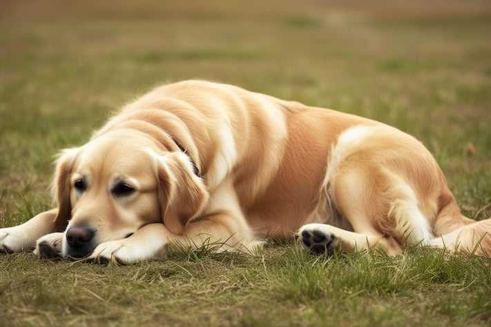 a dog laying down on the grass