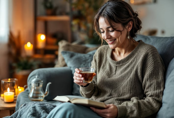Happy woman reading a book and drinking tea in a cozy setting