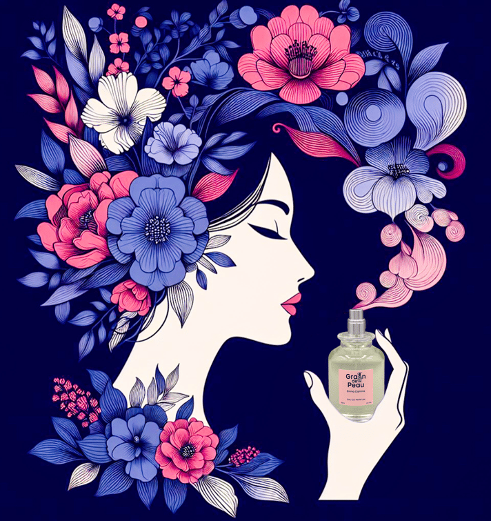 Femme hume un parfum, des volutes se transformant en fleurs faisant exalter ses sens.